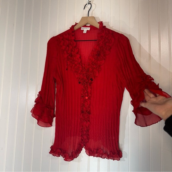 Y2K Red Ruffle Sheer Blouse by Fashion Bug M Romantic Goth Coquette Grunge - Picture 2 of 9